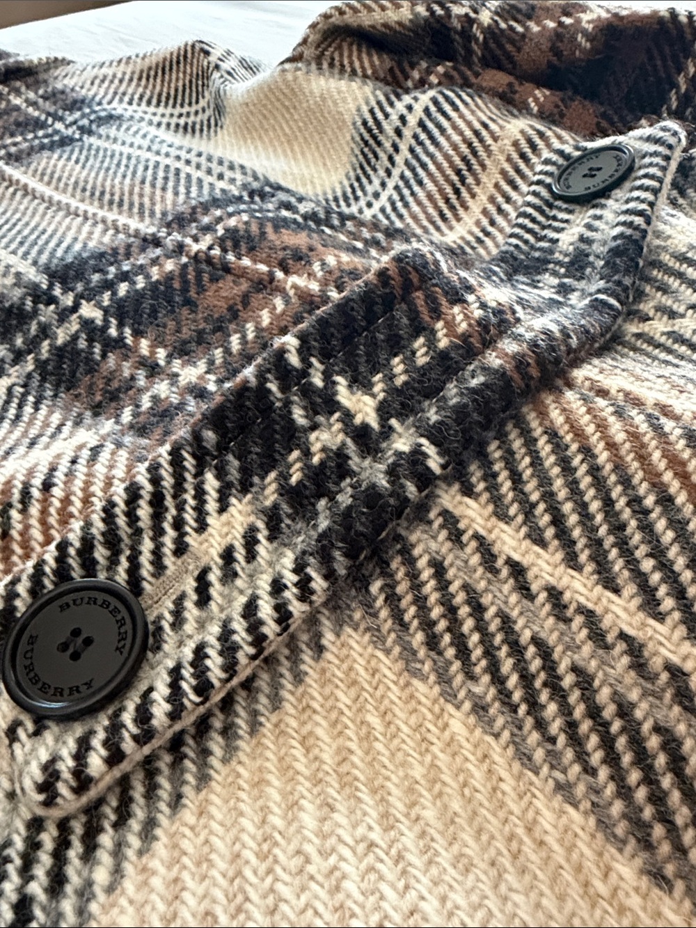 Burberry Cream, Brown and Black Plaid Double-Breasted Pea Coat - Picture 8 of 8